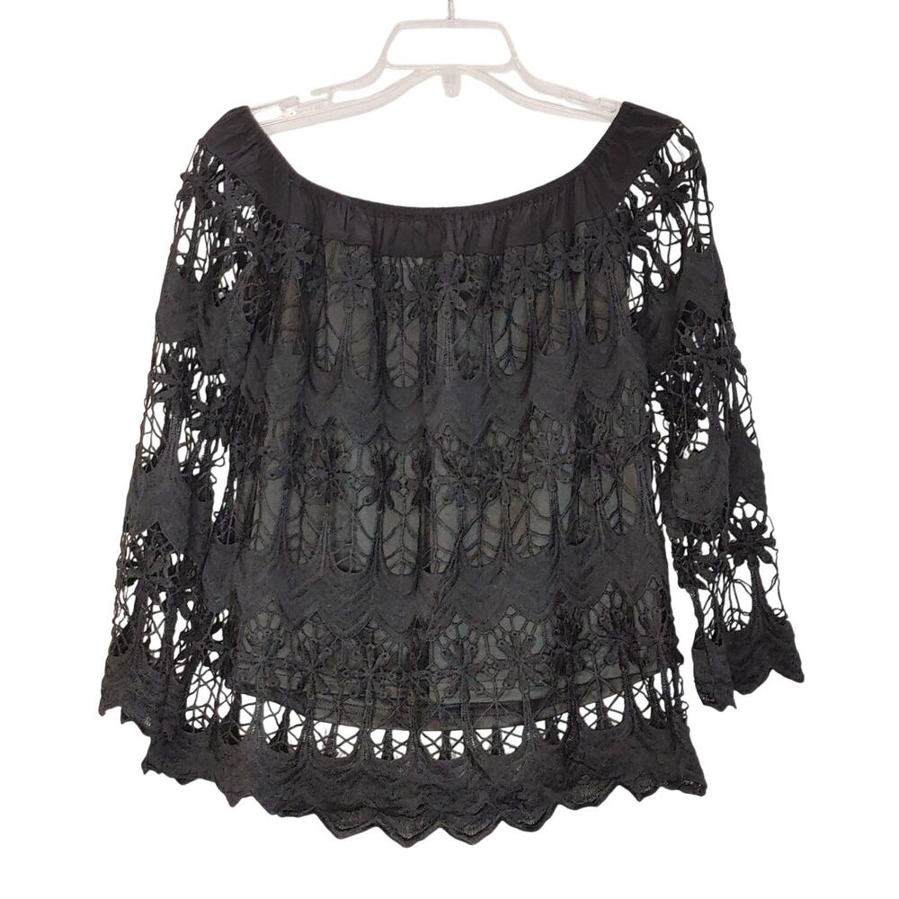 Carole Christian Off the Shoulder Lace Blouse Scallop Hem Black Womens Medium